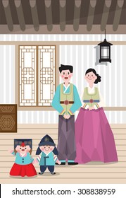 Vector illustration featuring family gathering in Korean dress called Hanbok. 
Tiled roofs at the top and a patterned door on the background.
 Perfect design to celebrate the national holiday.