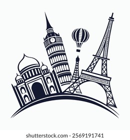 Vector illustration featuring famous landmarks like the Taj Mahal, Leaning Tower of Pisa, and Eiffel Tower, with a hot air balloon. Ideal for travel, tourism, and global adventure themes.