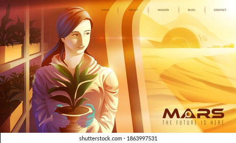 Vector illustration featuring a female Asian scientist is smiling and working in the plantation center on mars