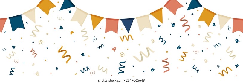 Vector illustration featuring a festive bunting garland in soft pastel tones accompanied by colorful confetti. Ideal banner for parties, celebrations, birthdays, and joyful events with a minimal 