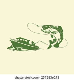  A vector illustration featuring a fishing boat with a fisherman reeling in a large fish, depicted in a minimalist green silhouette design. Perfect for themes related to fishing, outdoor adventures, m