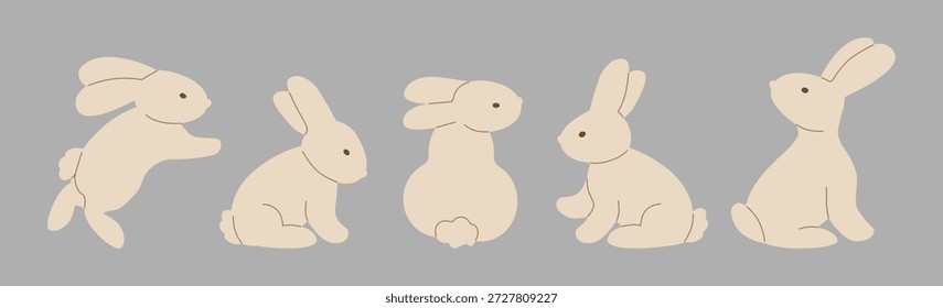 Vector illustration featuring five adorable bunnies in different playful poses on a neutral background. Perfect for playful designs, children s themes, or springtime projects.