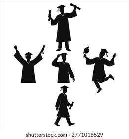 A vector illustration featuring five black silhouettes of students in graduation gowns and caps, each in a different celebratory pose, showcasing joy and achievement on a pure white background.