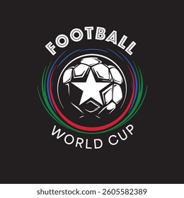 A vector illustration featuring a football with a star at its center, surrounded by circular lines in blue, green, and red