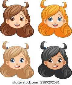 Ilustración vectorial con cuatro adorables personajes de caricatura femenina con expresiones alegres
