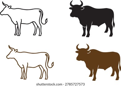 Vector illustration featuring four bull and ox icons in black and brown styles, contrasting outline and solid silhouettes. This modern minimal design symbolizes livestock, rural culture, and animal strength. Perfect for branding, agriculture projects, and commercial use aligned with 2026’s trend of clean visuals, expressive identity, and versatile animal-inspired graphics.Vector illustration featuring four bull and ox icons in black and brown styles, contrasting outline and solid silhouettes. This modern minimal design symbolizes livestock, rural culture, and animal strength. Perfect for branding, agriculture projects, and commercial use aligned with 2026’s trend of clean visuals, expressive identity, and versatile animal-inspired graphics.
