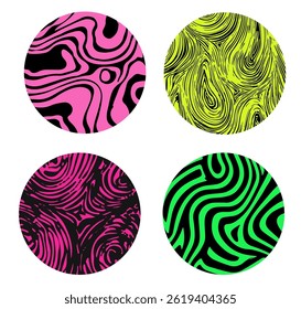 Vector illustration featuring four circles with psychedelic, wavy abstract patterns in pink, yellow, and green on black backgrounds. Each circle has a unique, trippy design for a bold, modern look.