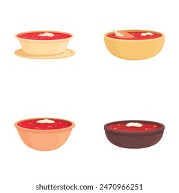 Vector illustration featuring four colorful cartoon bowls of soup with cream toppings