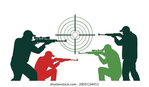 Vector illustration featuring four colorful silhouettes of male shooters in kneeling and standing stances, aiming rifles at a central green bullseye target on a white background.