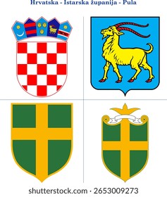 Ilustração vetorial com quatro brasões croatas: República da Croácia (Republika Hrvatska), Condado de Ístria (Istarska županija), Cidade de Pula (Grad Pula) e versões cerimoniais