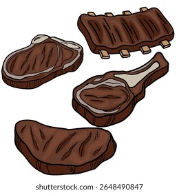 Ilustração vetorial com quatro cortes diferentes de carne grelhada: um rack de costelas, um filé de osso T, um filé de ribeye, e um filé de lombo, cada um renderizado em um estilo desenhado à mão com tons castanhos ricos.