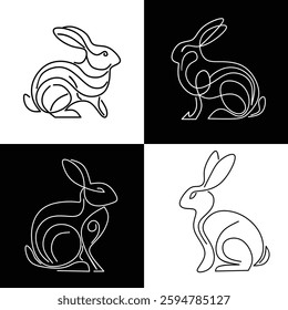 A vector illustration featuring four rabbit silhouettes formed with single line art in black and white. Minimalist design perfect for logos, icons, and modern graphic projects