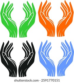 A vector illustration featuring four sets of open hands in green, orange, black, and blue. Representing giving, care, unity, protection, and spirituality, ideal for charity, wellness, and social conce