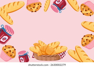 A vector illustration featuring a frame of various bakery items on a pink background. Perfect for menus or flyers.