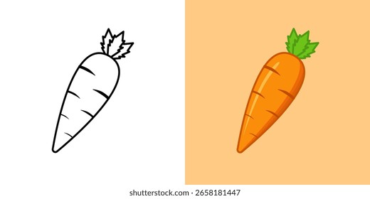 A vector illustration featuring a fresh carrot in two styles: a black outline ideal for coloring books or simple designs, and a vibrant, colorful version. Perfect for healthy eating concepts.
