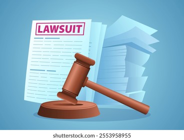 Vector illustration featuring a gavel alongside lawsuit documents. Ideal for legal, law firm, justice, legal proceedings, judiciary and courtroom related themes