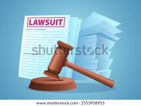 Vector illustration featuring a gavel alongside lawsuit documents. Ideal for legal, law firm, justice, legal proceedings, judiciary and courtroom related themes