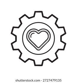 Eine Vektorgrafik mit einem Zahnrad mit einem Herzsymbol in der Mitte, das Liebe, Leidenschaft oder Engagement in einem mechanischen oder industriellen Kontext darstellt.