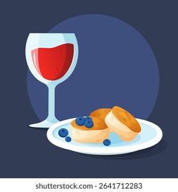 A vector illustration featuring a glass of red wine and a plate of syrniki topped with blueberries, set against a dark blue background. A delicious romantic dinner with a glass of red wine, freshly