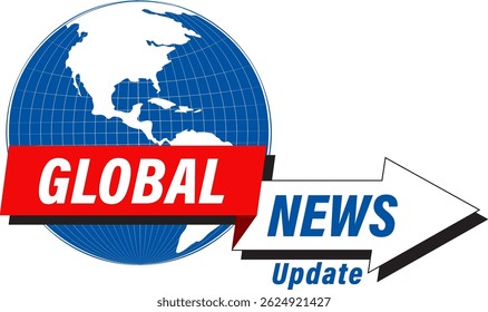 Vector illustration featuring a globe and arrow design, symbolizing worldwide news updates. Bold colors and clear typography enhance visibility