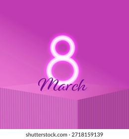 Ilustración vectorial con un número ocho de neón brillante, letras de marzo, podio rosa y fondo de gradiente suave.