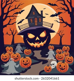 Vector illustration featuring glowing pumpkins, a haunted house, ghosts and a dark halloween night
