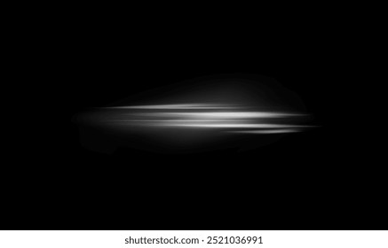 Vector illustration featuring glowing white stripe representing wind flow on black isolated background. Abstract motion trails for creative theme designs. Wind Effect.