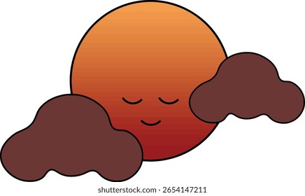 Ilustración vectorial con un degradado rojo anaranjado con una cara pacífica y sonriente, parcialmente cubierta por suaves nubes marrones.