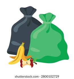 Vector illustration featuring green and black trash bags with organic food waste like a banana peel and apple core, symbolizing waste sorting and recycling. Ideal for environmental education and sustainable living campaigns.