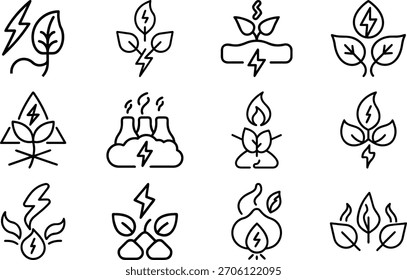 Vector illustration featuring green energy and nature icons with leaves and lightning bolts....