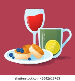 A vector illustration featuring green tea with lemon served in a glass cup, a filled glass of red wine, and syrniki topped with blueberries arranged on a plate. Light dinner with glass of dry red wine