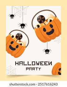 Vector illustration featuring Halloween party elements with pumpkin treat buckets, spiders, and web decorations, perfect for festive celebrations.