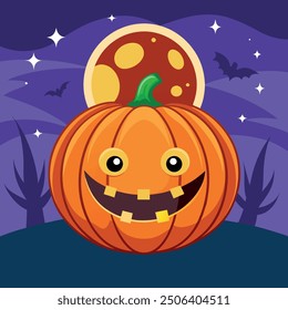 Vector illustration featuring a Halloween pumpkin with a carved face and flying bats, perfect for festive designs.