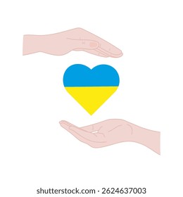 Ilustração vetorial com mãos delicadamente carregando um coração adornado com as cores da bandeira da Ucrânia, simbolizando cuidado e solidariedade.