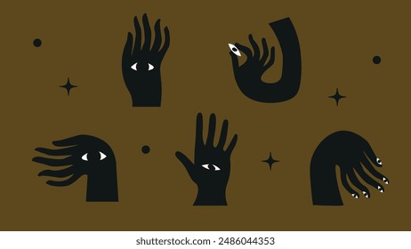 Vector illustration featuring hands with eyes and stars, creating a mystical and cosmic atmosphere. Perfect for themes of magic, vision, and the night sky. Ideal for fantasy and spiritual artwork. 