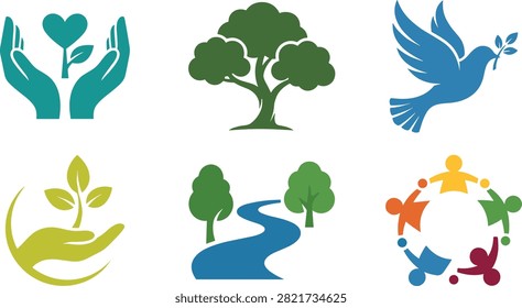 Vector illustration featuring hands plants tree dove river community circle icons in colorful design symbolizing peace nature growth environment sustainability and unity