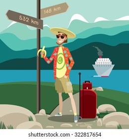 Vector Illustration Featuring Happy Voyager With Bags, Hat And Banana Is Standing At The Fork In The Road