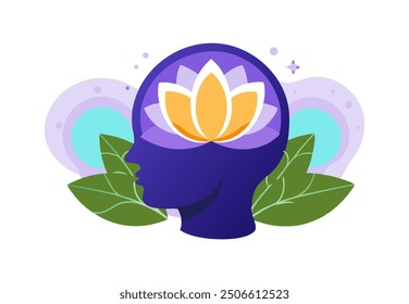 Una Ilustración vectorial con una silueta de cabeza con una flor de loto y hojas circundantes, que representan la armonía interior y la atención plena. Perfecto para temas de bienestar, salud mental y espiritualidad.