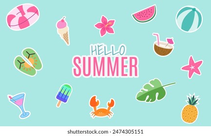 Vector illustration featuring "Hello Summer" text surrounded by tropical elements like flip-flops, coconut drink, flower, crab, ice cream, watermelon, beach ball, starfish, cocktail, and pineapple.