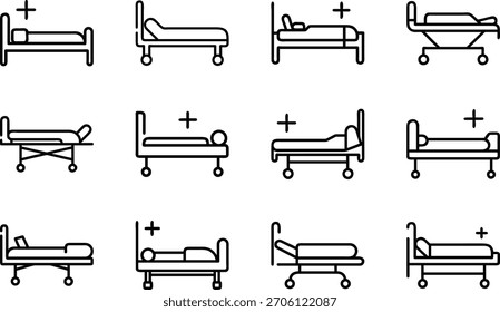 Ilustración vectorial con conjunto de iconos de cama de hospital. Diseño escalable adecuado para...