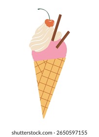 Vector illustration featuring an ice-cream cone. Berry scoop, whipped cream and cherry. Perfect for creating designs related to desserts, restaurants, cafes, branding, posters, flyers, packaging.