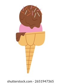 Ilustración vectorial con un cono de helado. Cucharadas de bayas y chocolate con cobertura. Perfecto para crear diseños relacionados con postres, restaurantes, cafeterías, branding, carteles, flyers, packaging.