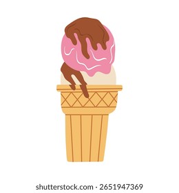 Vector illustration featuring an ice-cream cone. Vanila and berry scoops, chocolate sauce. Perfect for creating designs related to desserts, restaurants, cafes, branding, posters, flyers, packaging.