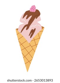 Vector illustration featuring an ice-cream cone. Berry scoops, chocolate topping, raspberry. Perfect for creating designs related to desserts, restaurants, cafes, branding, posters, flyers, packaging.