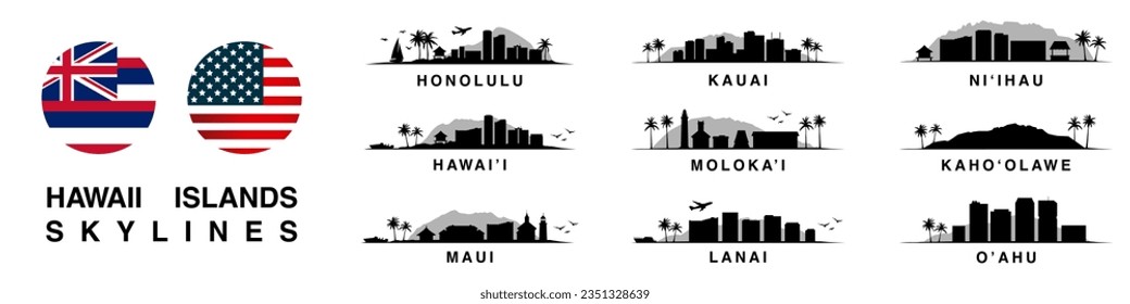 Vector illustration featuring the iconic skylines of Hawaii's islands. Set of exotic landscapes. Perfect for designs capturing the essence and beauty of the Aloha State. Maui, Honolulu, Kauai and more