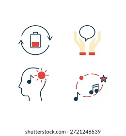 Ilustración vectorial con iconos para recargar la batería, Asistencia de comunicación, pensamiento creativo con notas musicales y sol, y un camino de inspiración musical que conduce a una estrella