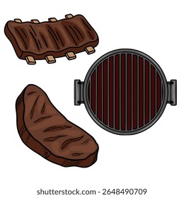 A vector illustration featuring a juicy steak, BBQ ribs, and a round grill, showcasing a hand-drawn style with rich brown and dark red tones, perfect for menu designs or BBQ-themed projects.
