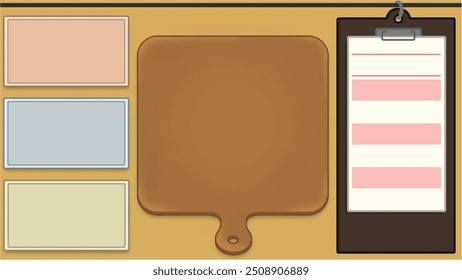  vector illustration featuring a kitchen-themed layout. It includes a central brown wooden cutting board with a handle, placed against a light wood-textured background.