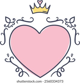 Vector illustration featuring a large pink heart crowned with gold and adorned with elegant floral ornaments, symbolizing love, royalty, and celebration