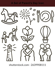 Vector illustration featuring line art icons relating to childhood, celebrations, parenthood, travel, and dining, perfect for minimalist graphic designs and vector projects.